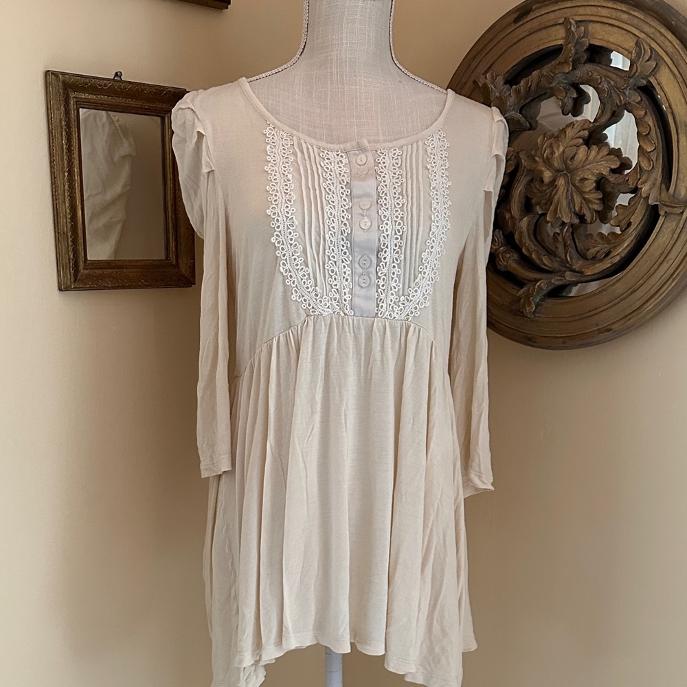 Free People Cream Lace Tunic Top Boho Peasant Cottagecore